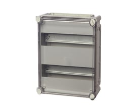 Fibox DIN-skinnekasse JBJD-2 komplet med to DIN-skinner og klar plastlåg, viser grå bagplade og skruehuller.