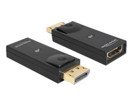 Sort DeLock DisplayPort 1.1 til HDMI-adapter set fra to vinkler med hanstik, hunstik og LED-indikator.