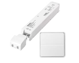 Lauritz Knudsen 100W/24V LED driver med trådløst tryk til Fuga, viste samlet med tilhørende tryk.