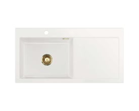 Lavabo Mera 100 SL hvid keramisk køkkenvask med afløbsbakke til højre og rund bundventil i PVD-messing.