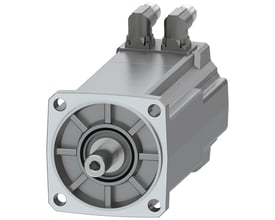 Siemens SIMOTICS S-1FK2 HD servomotor i grå metallisk finish med M0 på 5 Nm og monteringsflange med aksel. Motoren har to vinklede DRIVE-CLiQ-stik på toppen.
