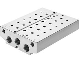 Festo tilslutningsblok VABM-B10-25E-G12-8 i metal med flere gevindhuller og små perforeringer på toppen.