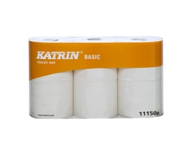 Katrin Basic toiletpapir med 1 lag og 640 ark, vist som hvide ruller samlet i orange mærket emballage.