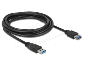 Sort Delock USB 3.0-forlængerkabel på 3 meter med USB-A-hanstik og USB-A-hunstik, lagt i en løkke.