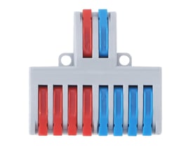 Grå skrueløs samlemuffe med 8 tilslutningspunkter, 250V, 32A, med rød og blå koblingsmekanisme.