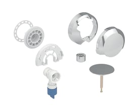 Geberit slutmontagesæt til badekar i blankforkromet finish, Ø52mm, vist som eksploderet samling af alle dele.