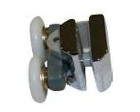 Primeo PF305 hjul til brusevæg, vist tæt på med to hvide plastik hjul og metalophæng.