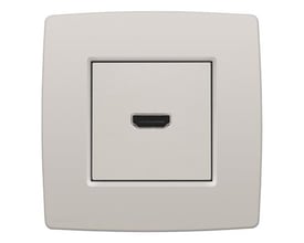 Niko HDMI udtag i lysegrå med terminaler til ledningsmontering, viser et enkelt HDMI-stik på en firkantet ramme.