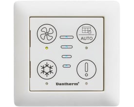 Dantherm HCP11-betjeningspanel i hvidt med ventilator-, auto-, køle- og tænd/sluk-symboler.