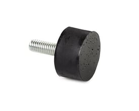 Nærbillede af vibrationsdæmperen Type D, viser det sorte gummi og den elforzinkede M8 gevindstang.