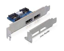 Grå DeLOCK SATA/USB-adapter med to eSATA-porte og PCI-dækplade samt separat lavprofildækplade.