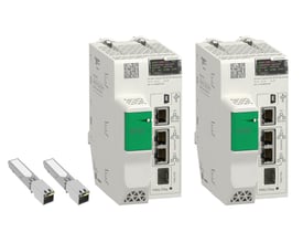 Schneider Electric M580 hotstandby CPU-kit med to BMEH582040 processorenheder og to 490NAC0100 moduler.