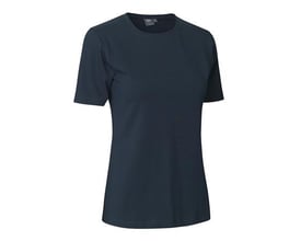 ID Identity dame T-shirt i navyblå, størrelse M, med kort ærme, rund hals og tætsiddende pasform.