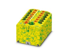 Phoenix Contact PTFIX 6/12x2,5 GNYE, en gulgrøn samlemuffe til elektriske installationer, set fra siden på hvid baggrund.