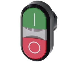 Siemens SIRIUS ACT dobbelt trykknap i grøn og rød med I- og O-symboler, vist skråt forfra.