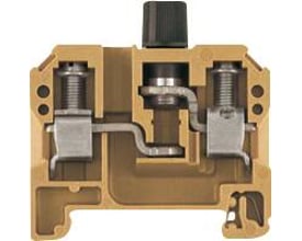 Weidmüller sikringsklemme SAKS 1/35 KRG i beige, med skrueterminal for op til 10 mm² ledere og 10A, monteret på TS35 DIN-skinne.