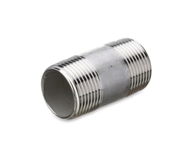 Nippelrør i rustfrit stål, 1/2" x 70mm, med BSPT gevind på begge sider og en trykklassificering på 40 bar.