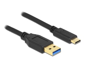 Sort DeLock SuperSpeed USB-kabel på 3 meter med USB-A- og USB-C-hanstik, vist med begge stik.