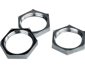 Lapp Skindicht SM-PE-M kontramøtrik med M40 gevind i forkromet messing, vist som et sæt på tre enheder.