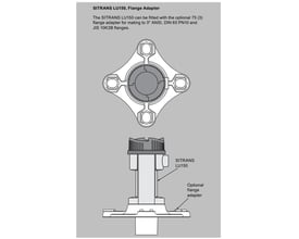 Siemens SITRANS LU150 flangeadapter, viser top view af flangen samt side view af adapteren monteret på sensor.