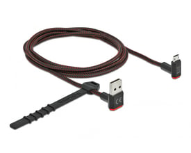 DeLock Easy-USB 2.0 kabel med sort og rød flettet overflade, 1,5 meter lang, med vinkelstik.