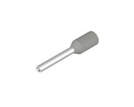 Enkel grå terminalrør fra Weidmüller med isolering og en udvidende plastkrave, viser produktets koniske design.