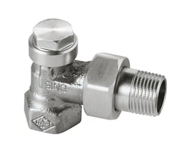 IMI Regulux vinkel returkobling i 1/2" med forindstilling, viser den forniklede finish og tagningsventilens top, isoleret på hvid baggrund.