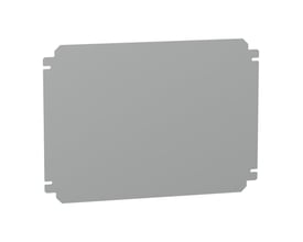 Schneider Electric montageplade i galvaniseret stål, 300 x 400 mm, viser en ensfarvet grå, rektangulær plade.