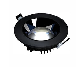 Sort SpectrumLED Model XL indbygningsspot på 30 W med rund ramme, reflektor og synlige monteringsclips.