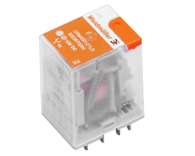 Weidmüller industrielt relæ til 115 V AC med gennemsigtigt hus, orange testknap og synlige tilslutningsben.