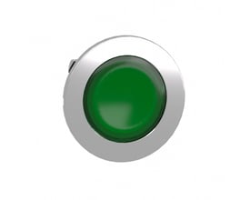 Schneider Electric Harmony XB4/ZB4 flush trykknaphoved i grøn, med en kromfarvet metalramme, præsenteret på en hvid baggrund.