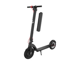 GoRunner 10-tommer Comfort el-løbehjul i sort med røde detaljer og batteriet vist ved siden af styrestangen.