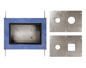 Grohe lækageboks til 2-huls vægmonterede håndvaskarmaturer, vist med en blå vandtæt membran og tilhørende metalplader.