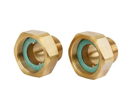To Danfoss VM2-50 gevindnipler i messing med 2" tilslutning og DN50, vist på hvid baggrund.