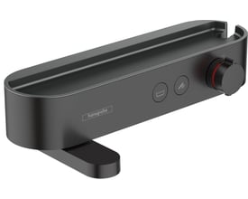 Hansgrohe ShowerTablet Select 400 kar-/brusetermostat i mat sort, vist fra siden med fokus på den brede hylde og betjeningsknapperne.