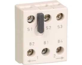 Hjælpekontakt til reversering, LU9MR1 fra Schneider Electric i hvid plast med mærkninger S1, S2, S3, 82, 81, 84, 1, og 2.