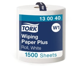 Tork Aftørringspapir Plus, 2-lags hvid rulle med 1500 ark og W1 system, klar til brug.
