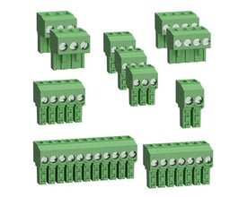Forskellige grønne Schneider Electric klemmer med 2, 3, 4 og 8 positioner, fremviser diverse I/O-tilslutningsmuligheder.