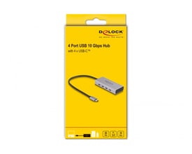 DeLock USB Type-C hub med 4 porte og 10 Gbps datahastighed i gul emballage med produktillustration.
