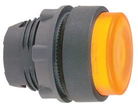 Schneider Electric ZB5 lampetrykhoved med orange LED-lys og 22 mm diameter, set i halv profil.