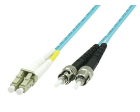 MicroConnect OM3 duplex-fiberkabel på 10 meter i aqua med LC/UPC- og ST/UPC-stik, set skråt.