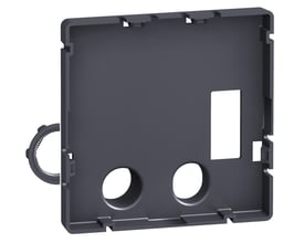 Bagside af Schneider Electric montageplade til display FDM121, 64x64mm, mørkegrå plast, viser monteringsdetaljer og en drejelig låsering.