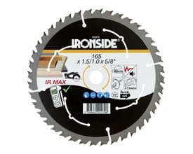 Ironside rundsavklinge til træ med 165 mm diameter og 40 tænder, vist forfra med sort midterfelt og sølvfarvet tandkrans.