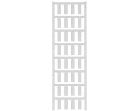 Weidmüller SlimFix ledningsmærker i hvid, monteret på en samlet strimmel for nem håndtering og montering på ledninger.