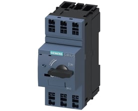 Siemens SIRIUS 3RV2 motorværn, størrelse S00, med 5A indstillingsområde og 3 faser, vist med drejekontakt i 'TRIPPED' position på hvid baggrund.