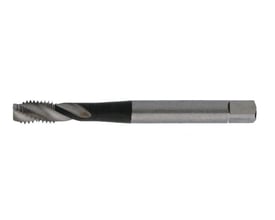 Nærbillede af Thürmer spiraltap M10x1,5 mm HSS, der viser gevindets 35° spiral og det forstærkede skaft.