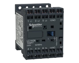 Schneider Electric kontaktor LC1K06 103P7 6A 3-polet med 1 NO kontakt og 230VAC spænding, vist på neutral baggrund.