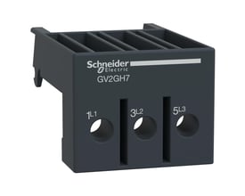 Detaljeret frontvisning af Schneider Electric GV2GH7 fasebarriere med tydelig mærkning af indgangspunkter og brandlogo.