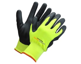 Worksafe vinterhandsker i gul og sort med skumnitrilbelægning og akrylfor, str. 9.