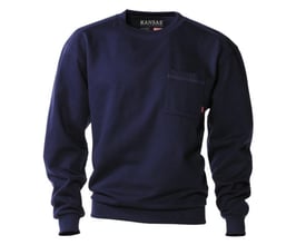 Kansas Match sweatshirt i marineblå, størrelse 2XL, med brystlomme og Kansas-logo i nakken.